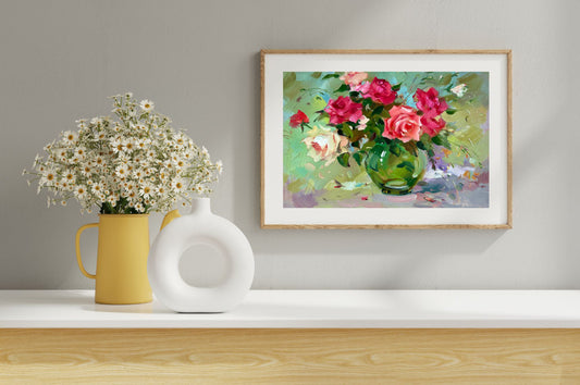 ORIGINAL PAINTING, oil painting, socialist realism, impressionism, rural life, still life, Roses, 2020s, artist Y. Suprunchuk