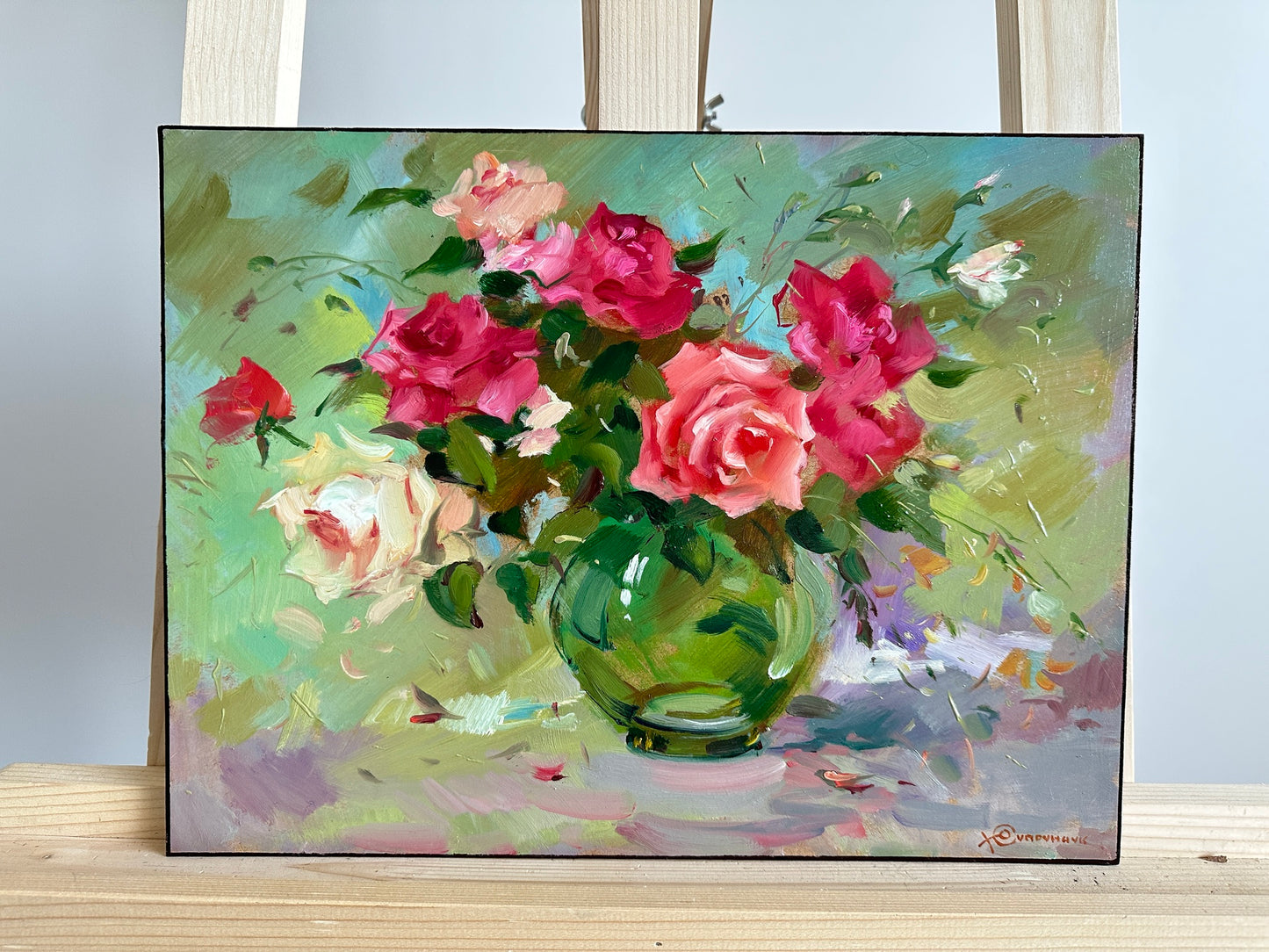 ORIGINAL PAINTING, oil painting, socialist realism, impressionism, rural life, still life, Roses, 2020s, artist Y. Suprunchuk