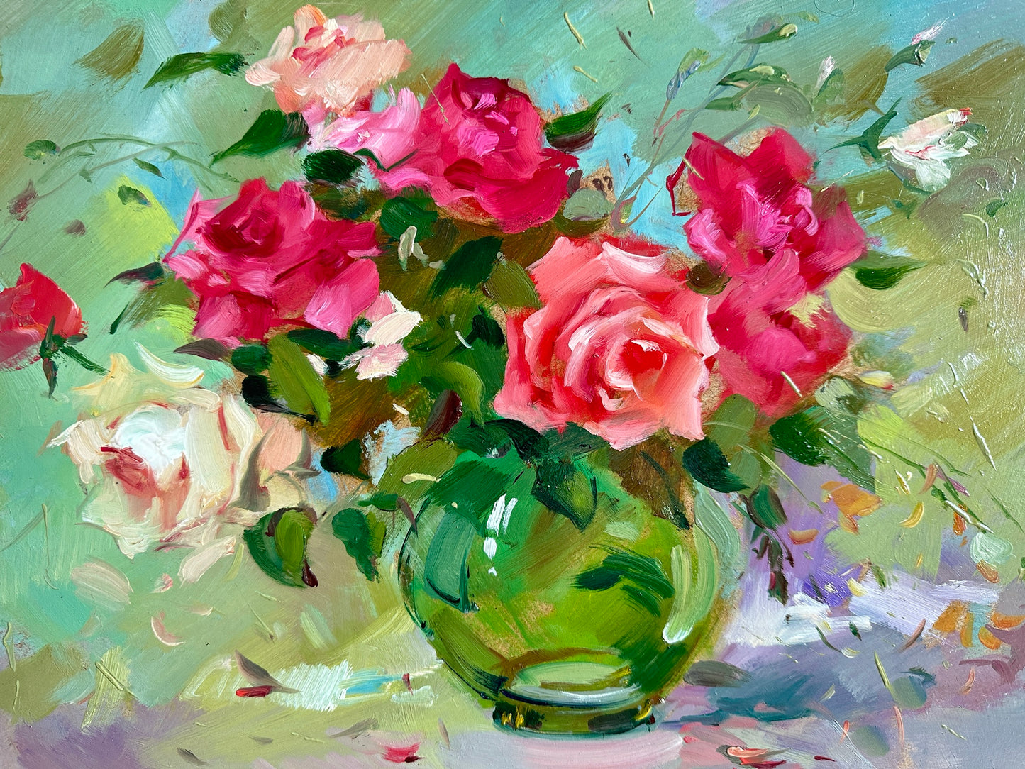 ORIGINAL PAINTING, oil painting, socialist realism, impressionism, rural life, still life, Roses, 2020s, artist Y. Suprunchuk