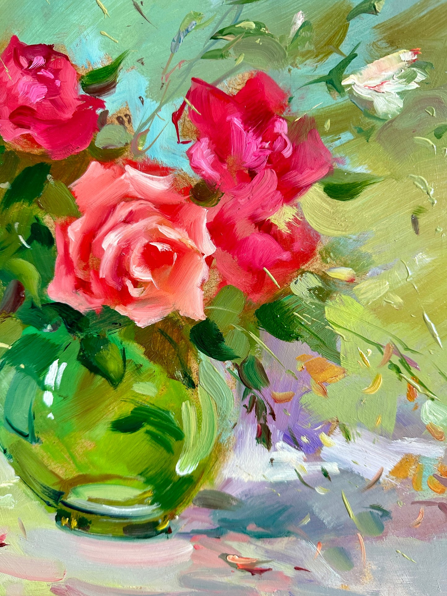 ORIGINAL PAINTING, oil painting, socialist realism, impressionism, rural life, still life, Roses, 2020s, artist Y. Suprunchuk