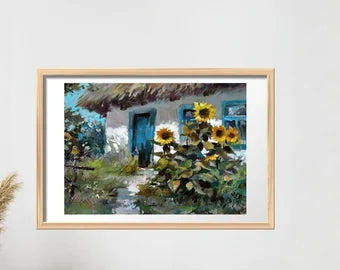 ORIGINAL PAINTING, vintage realism, impressionism, oil painting, landscape, rural landscape, Sunflowers near the house, 2022, Y. Suprunchuk