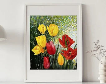 VINTAGE ORIGINAL PAINTING, oil painting, vintage realism, modern painting, impressionism, flowering, Tulips, 2007, artist V. Savenets