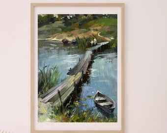 ORIGINAL PAINTING, modern painting, oil painting, impressionism, landscape, rural landscape, Bridge over the pond, artist Y. Suprunchuk