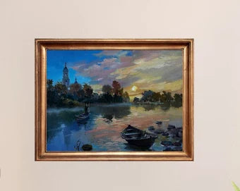 ORIGINAL PAINTING, vintage painting, modern painting, oil painting, impressionism, landscape, Evening, On the river, 2020s, Y. Suprunchuk