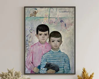 VINTAGE ORIGINAL PAINTING, oil painting, ukrainian painting, portrait, male portrait, Boys, Happy childhood, 1968, artist O. Titova