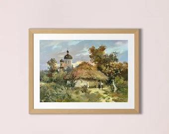 Original painting, gift, ukrainian painting, vintage, wall painting, wall art, landscape, Old house, In the village, artist Y. Suprunchuk