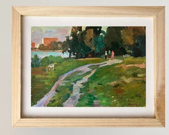 VINTAGE ORIGINAL PAINTING, oil painting, socialist realism, realism, impressionism, landscape, Walk in the woods, 1977, M. Andriychuk