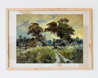 ORIGINAL PAINTING, vintage realism, impressionism, oil painting, landscape, rural landscape, Evening in the village, 2022, Y. Suprunchuk