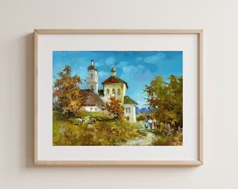 Original painting, gift, ukrainian painting, vintage, wall painting, wall art, landscape, The road from the church, artist Y. Suprunchuk