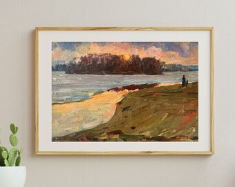 VINTAGE ORIGINAL PAINTING, oil painting, ukrainian painting, impressionism, landscape, Sunset, 1965, artist M. Andriychuk