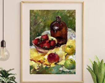 Original painting, gift, ukrainian painting, vintage, wall painting, still life, flower painting, Fruits on the table, artist Y. Suprunchuk