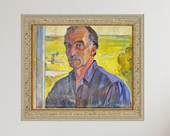 VINTAGE ORIGINAL PAINTING, socialist realism, ukrainian painting, oil painting, portrait, male portrait, Man, 1972, artist V. Petukhov