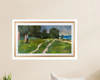 VINTAGE ORIGINAL PAINTING, oil painting, ukrainian painting, impressionism, landscape, An evening walk, 1969, artist M. Andriychuk