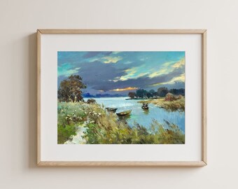 Original painting, gift, ukrainian painting, vintage, wall painting, wall art, landscape, Sunset, Evening fishing, artist Y. Suprunchuk