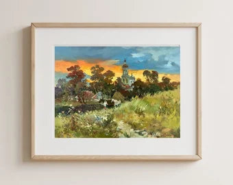 Original painting, gift, ukrainian painting, vintage, wall painting, abstract art, landscape, Sunset, Way to home, artist Y. Suprunchuk