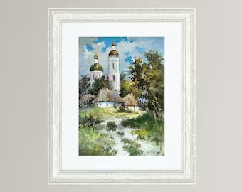 Original painting, gift, ukrainian painting, vintage, wall painting, wall art, landscape, Sunny, Church in the village, artist Y. Suprunchuk