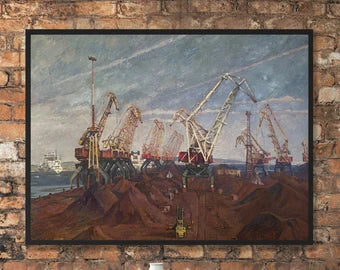 Original oil painting, gift, ukrainian painting, vintage, wall art, impressionism, landscape, industrial, Seaport, Port, artist A. Gorbenko