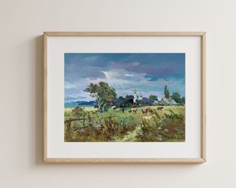 Original oil painting, gift for her, ukrainian painting, vintage, wall art, landscape, In the pasture, artist Y. Suprunchuk