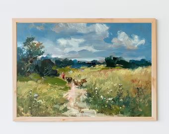 Original oil painting, gift for her, ukrainian painting, vintage, wall art, landscape, In the pasture, artist Y. Suprunchuk