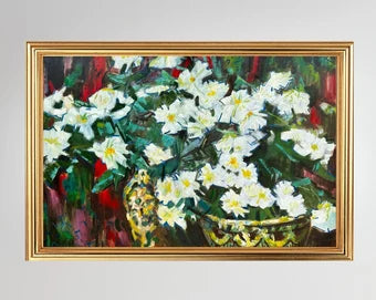 Vintage painting, oil painting, home decor, impressionist art, wall art, still life, flowers painting, White flowers, artist L. Stil