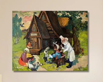 Oil painting, original vintage paint, children room wall art, fairy tale, soviet fairy tale, Dr. Aibolit, artist A. Frolov