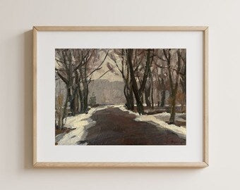 Original painting, ukrainian painting, vintage, wall art, impressionism, landscape, Winter road, artist M. Andriychuk