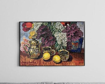 Vintage painting, gift for her, handmade painting, wall painting, still life, flower painting, Tea break, May tea, artist L. Litvin