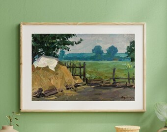 Original painting, ukrainian painting, vintage, wall art, impressionism, landscape, Rural courtyard, A stack of hay, artist M. Andriychuk