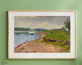 Original painting, ukrainian painting, vintage, wall art, impressionism, landscape, Bank of the pond, artist M. Andriychuk