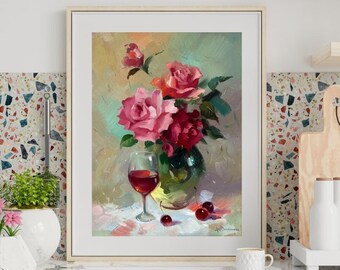 Original painting, gift, ukrainian painting, vintage, wall painting, still life, flower painting, Rose, artist Y. Suprunchuk