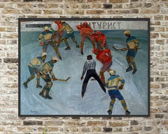 VINTAGE PAINTING, oil painting, socialist realism, wall art, genre painting, Hockey, Duel, Competition, artist V. Belov