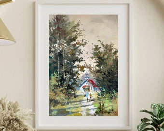 Original oil painting, gift for her, ukrainian painting, vintage, wall art, landscape, Path to the chapel, artist Y. Suprunchuk