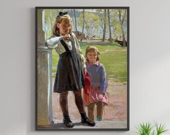 VINTAGE ORIGINAL PAINTING, oil painting, socialist realism, vintage, portrait, female portrait, Young girls, artist V. Savyn