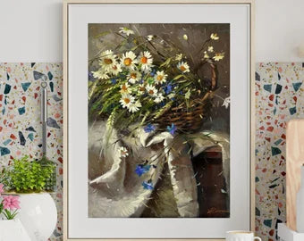 Original painting, gift, ukrainian painting, vintage, wall painting, still life, Basket of flowers, Field flowers, artist Y. Suprunchuk