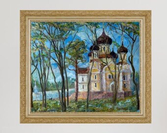 VINTAGE ORIGINAL PAINTING, oil painting, vintage realism, impressionism, landscape, Church in the village, artist V. Sanzharov