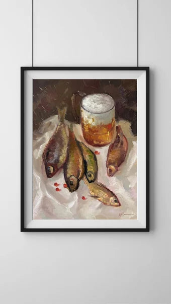 Original painting, gift for her, handmade painting, wall painting, still life, Beer and dried fish, artist Y. Suprunchuk