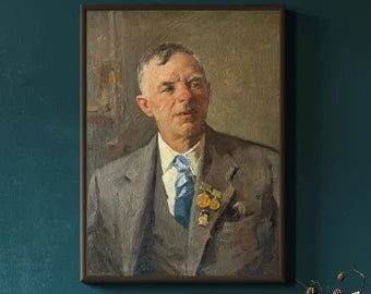 VINTAGE PAINTING, oil painting, socialist realism, portrait, vintage painting of male, Portrait of a veteran, artist N. Chuprina