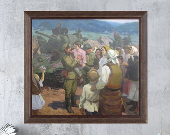 Vintage painting, handmade painting, socialist realism, portrait, military theme, Meeting of the winners, 1960s, ukrainian artist