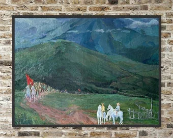 VINTAGE ORIGINAL PAINTING, oil painting, vintage realism, impressionism, landscape, genre, Over the mountains, artist G. Shelepkov