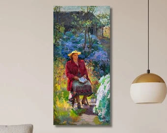 Original painting, ukrainian painting, socialist realism, wall art, impressionism, landscape, portrait, In the garden, artist M. Savych