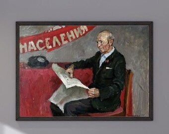 Original oil painting, gift, ukrainian painting, wall art, socialist realism, portrait, Man with newspaper, artist V. Petukhov