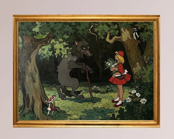 Oil painting, original vintage paint, children room wall art, fairy tale, Little Red Riding Hood, artist L. Ivanitskaya