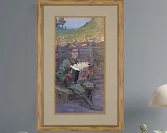 VINTAGE ORIGINAL PAINTING, realism, vintage, portrait, male portrait, military, Soldier playing the button accordion, artist I.Bortnik