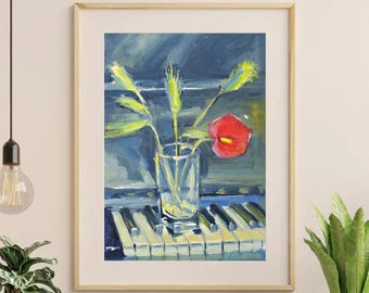 VINTAGE ORIGINAL PAINTING, socialist realism, genre, landscape, modern painting, still life, On the piano, artist M. Tkachuk