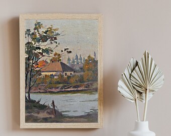 VINTAGE ORIGINAL PAINTING, socialist realism, genre, landscape, city landscape, Evening in the city, artist L. Pidgayko