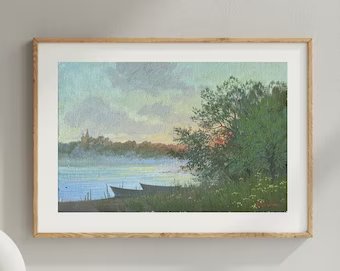 VINTAGE ORIGINAL PAINTING, oil painting, ukrainian painting, impressionism, landscape, Summer evening, artist V. Savenets