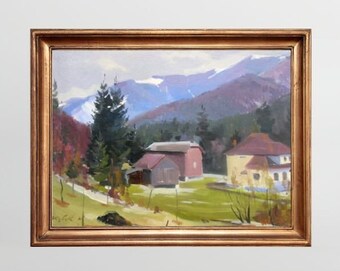 VINTAGE ORIGINAL PAINTING, oil painting, ukrainian painting, impressionism, landscape, Village in the mountains, artist K. Yakubek