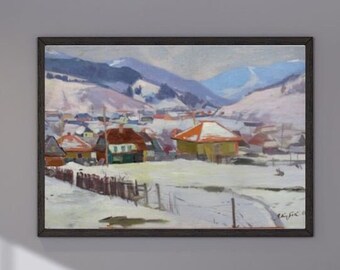 VINTAGE ORIGINAL PAINTING, oil painting, ukrainian painting, impressionism, landscape, Winter in the mountains, artist K. Yakubek