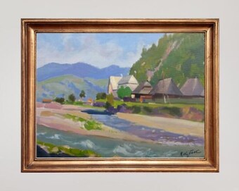 VINTAGE ORIGINAL PAINTING, oil painting, ukrainian painting, impressionism, landscape, River in the mountains, artist K. Yakubek