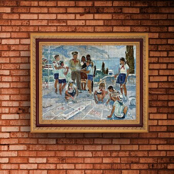 VINTAGE ORIGINAL PAINTING, socialist realism, oil painting, genre, portrait, Pioneers, Children in the camp, artist A. Safargalin